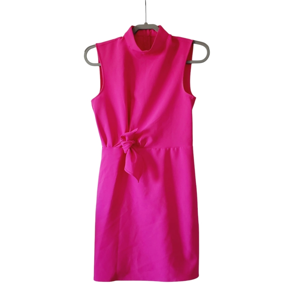 Mango Barbie Pink Mockneck Retro Ruched Tie Front Dress S - Picture 2 of 7